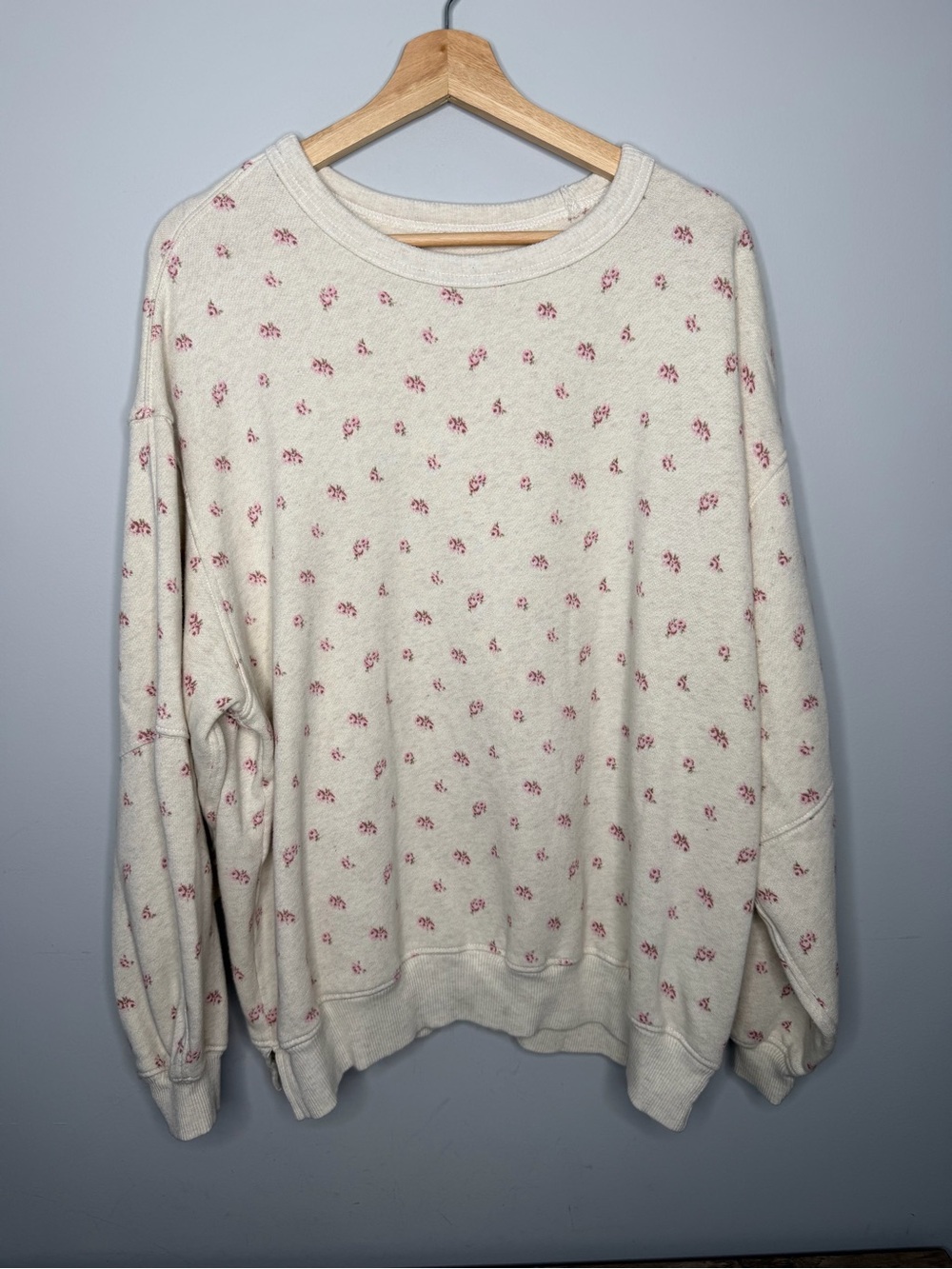 aerie Cream Crewneck Sweater with Pink Micro Floral Print sweatshirt size small